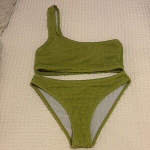 SHEIN Olive Green One-Shoulder Textured Bikini Set